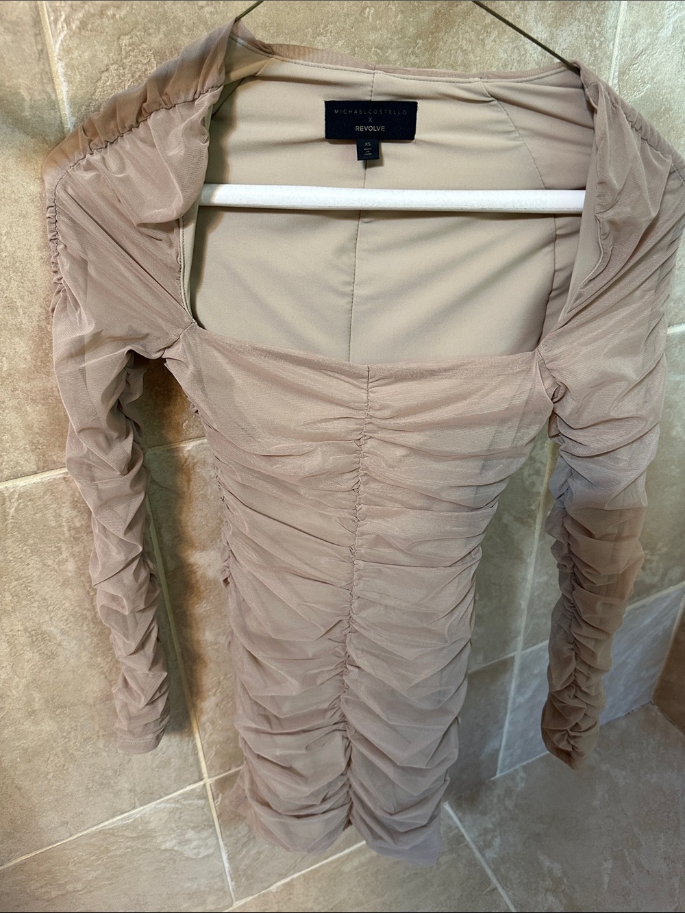 Michael Costello X REVOLVE Taupe Ruched Long Sleeve Bodycon Dress Size XS